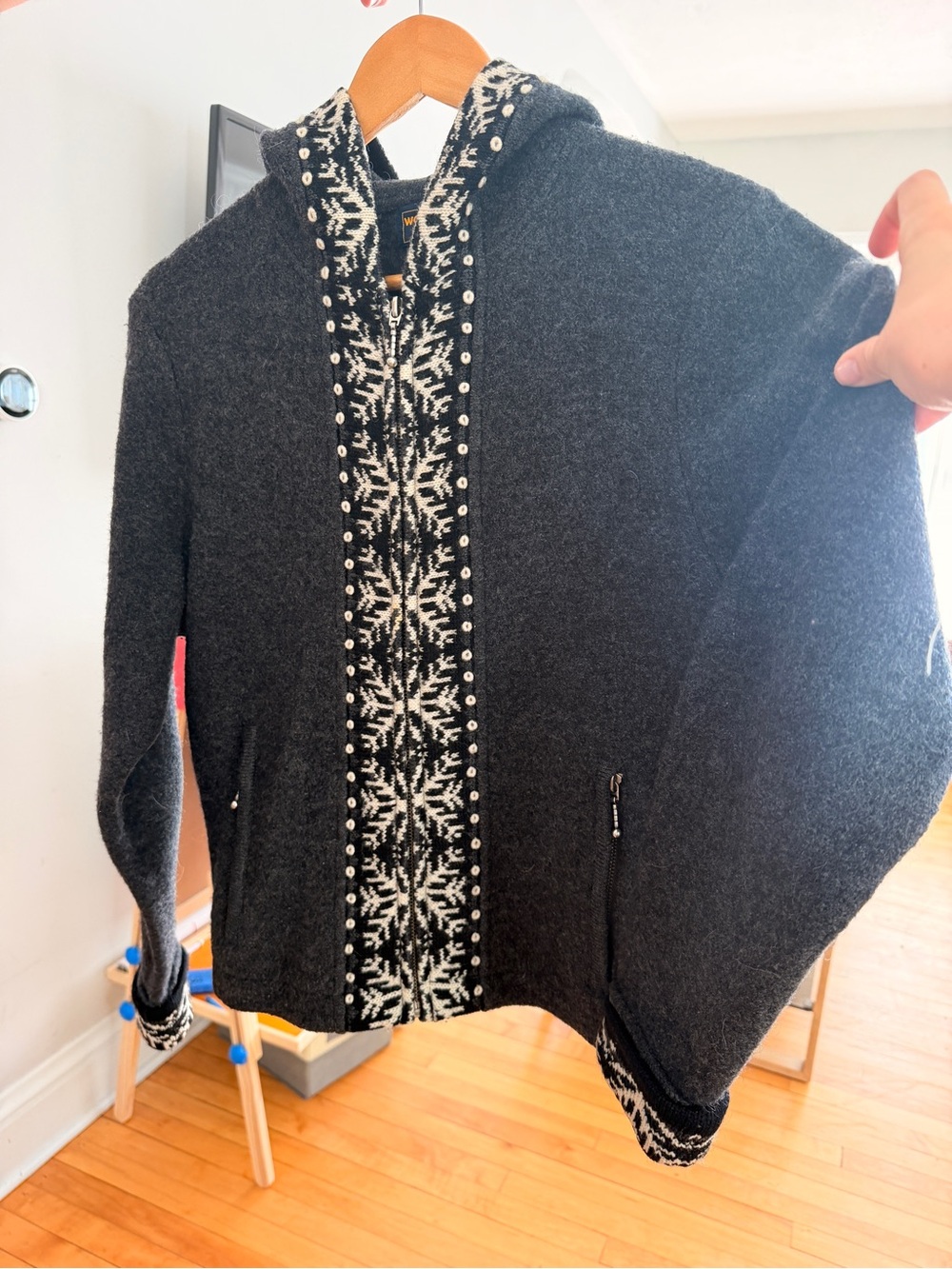 Women’s Dark Gray Hooded Knit Sweater with Nordic Trim - Woolrich - Size M